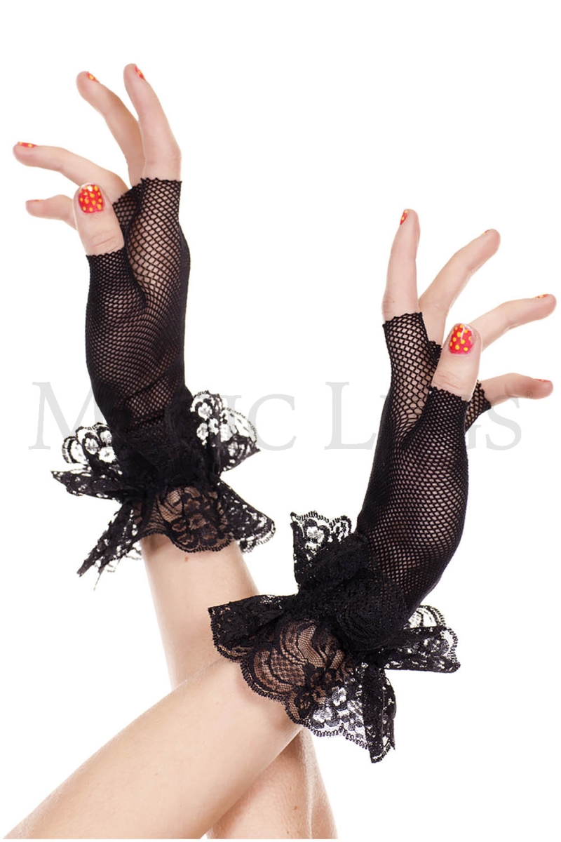 Lace Ruffle Fishnet Fingerless Gloves - Black - One Size
