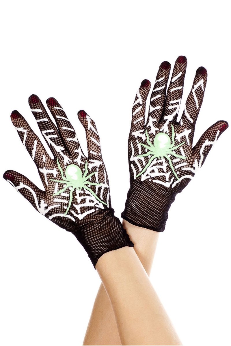 Picture of Music Legs 418-BLACK Spiderweb Print Fishnet Gloves, Black