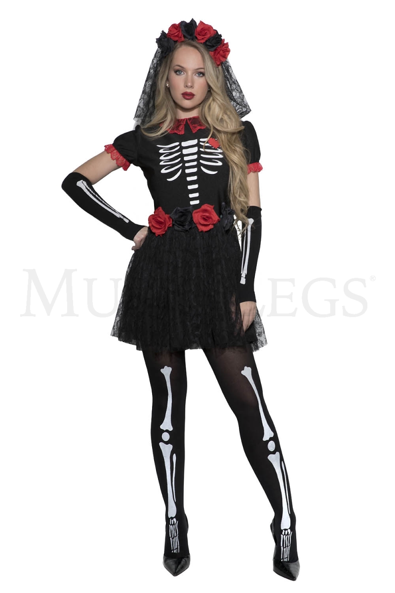 71144-SM Womens Day of the Dead Costume, Black - Small & Medium - 3 Piece