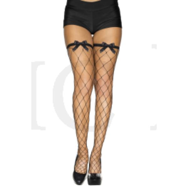 4922-BLACK Diamond Net Spandex Thigh High with Accent Bow, Black