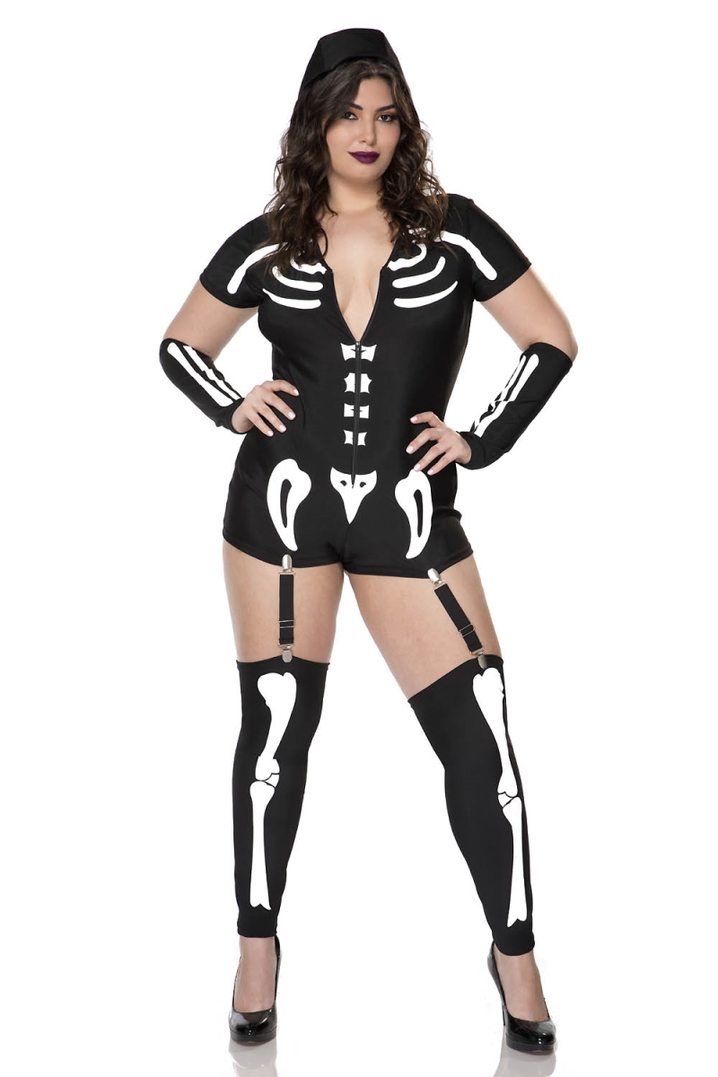 71183Q-1X-2X Womens Sexy Skeleton Costume, Black & White - 1X & 2X - 3 Piece