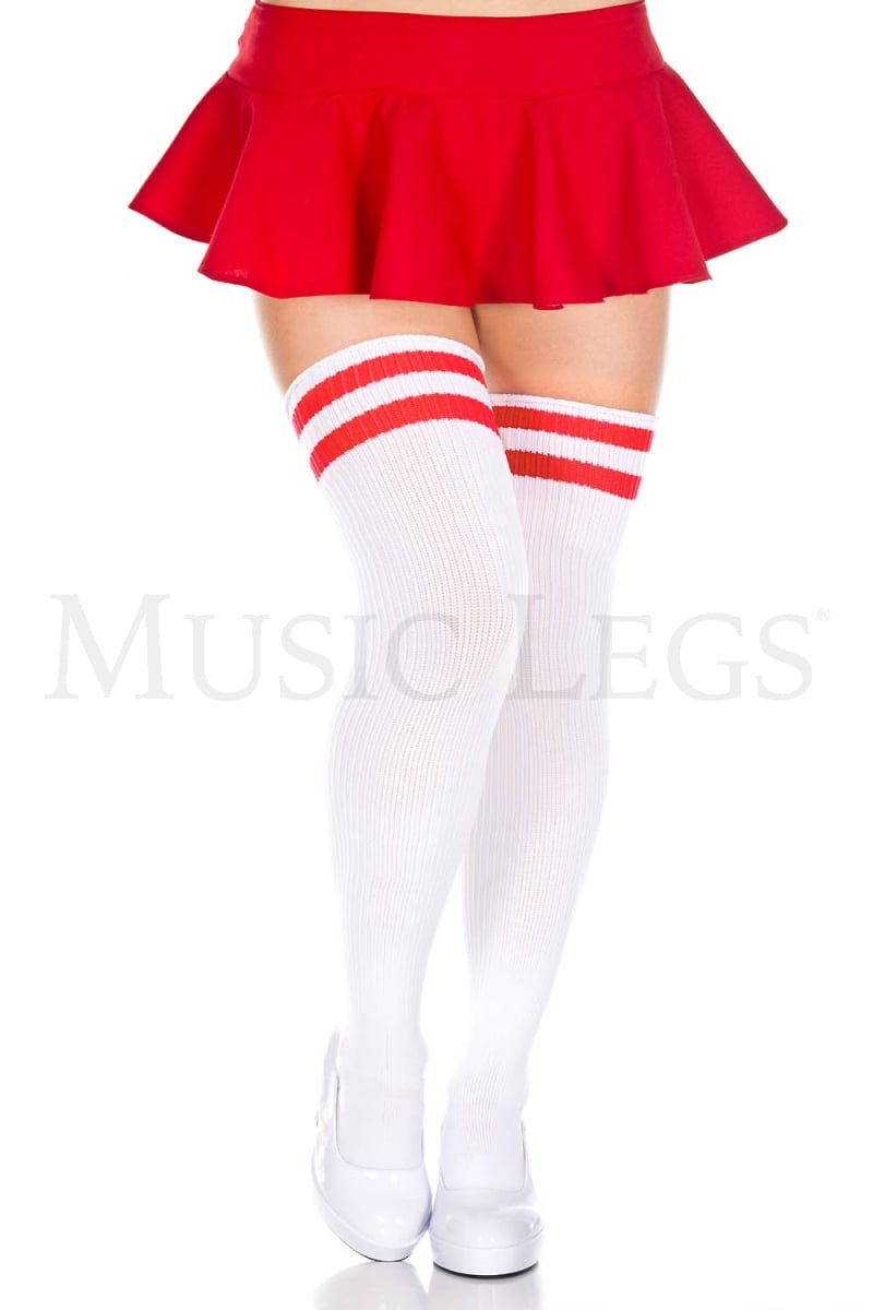 4241Q-WHITE-RED Plus Size Athlete Acrylic Thigh Hi with Striped Top, White & Red