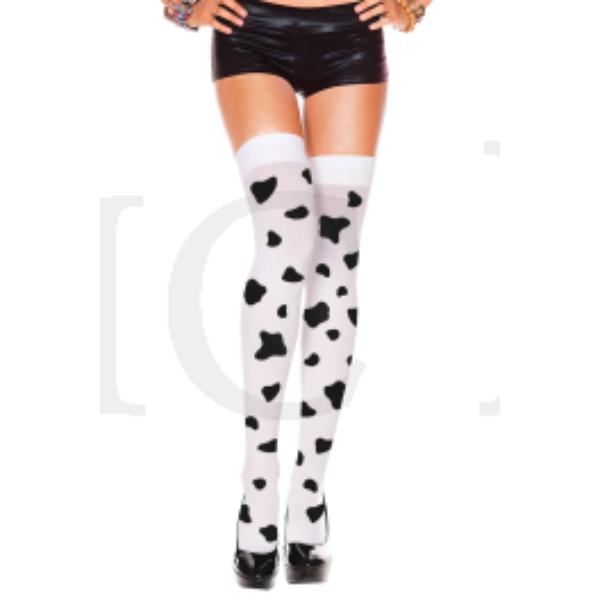 4279 Cow Spot Print Thigh High Stockings - White & Black - Durable Nylon