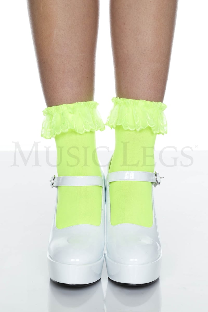 527-NEON GREEN Opaque Anklet with Ruffled Lace, Neon Green