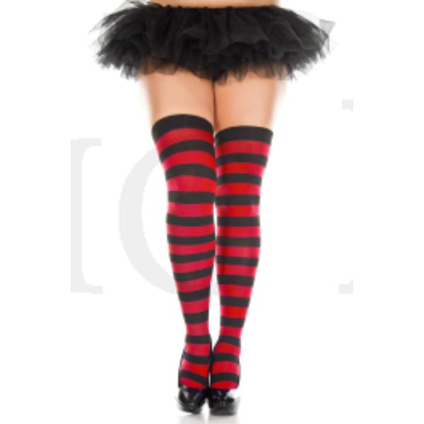 4701Q-BLACK-RED Plus Size Wide Striped Thigh High Stockings, Black & Red