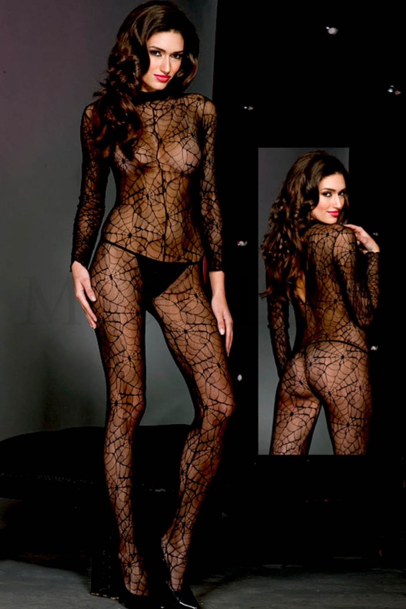 Spider Web Long Sleeves Body Stocking - Black