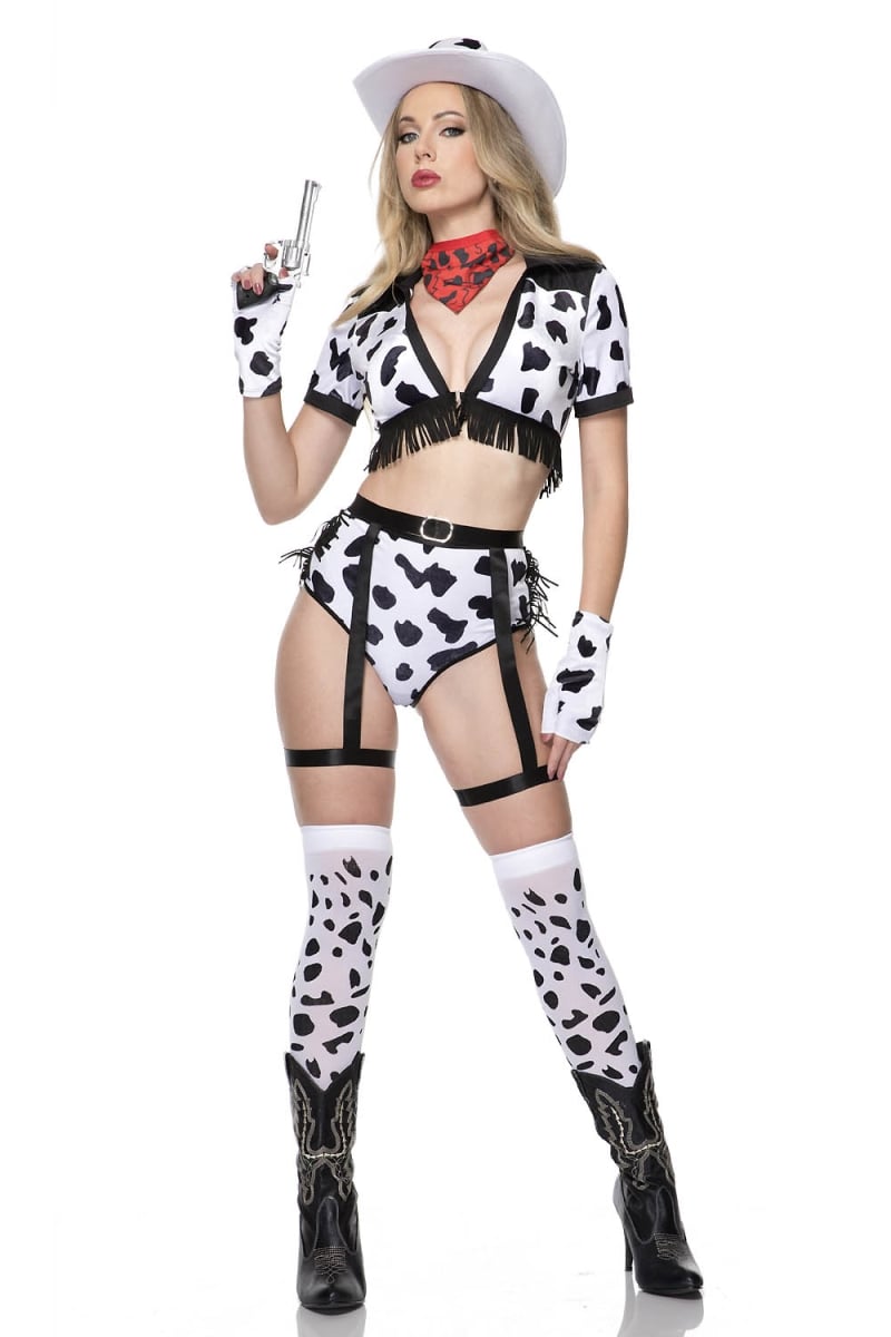 Dalmatian Cow Girl Costume - White & Black - Small/Medium - 7 Piece Set