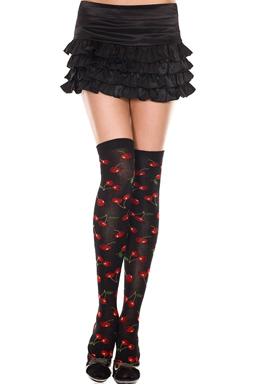 4607-BLACK-RED Cherry Print Acrylic Thigh High Stockings, Black & Red