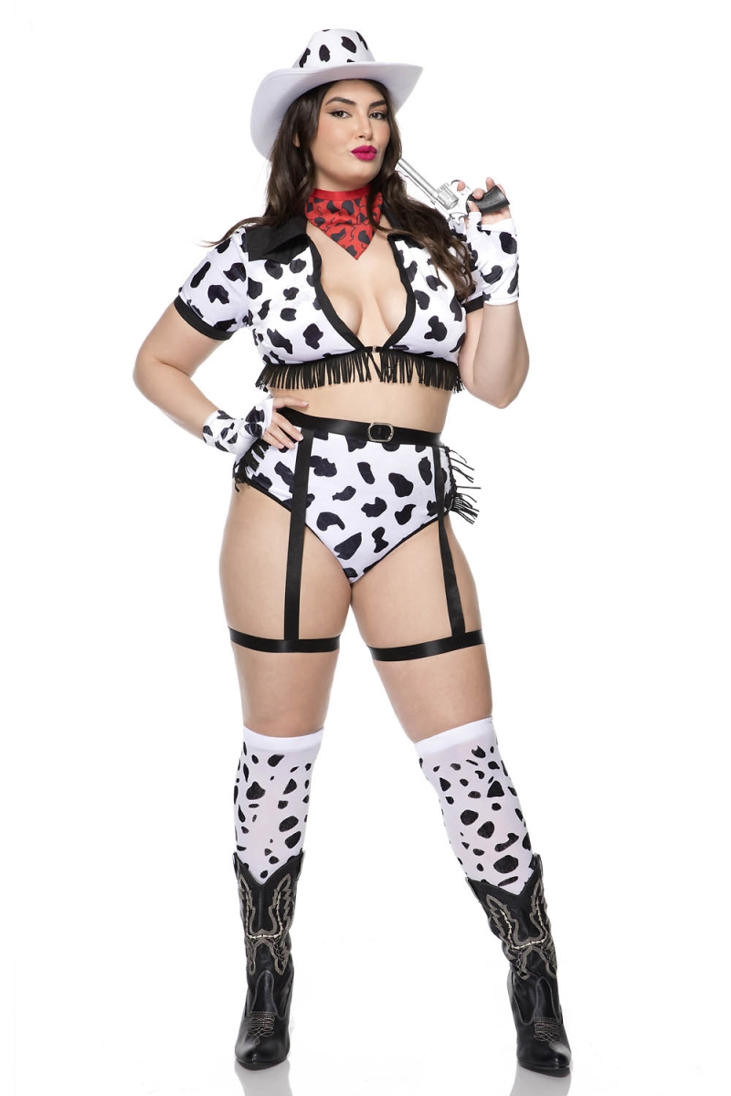 71150Q-1X-2X Dalmatian Cow Girl Costume - White & Black - Plus Size - 7 Pieces