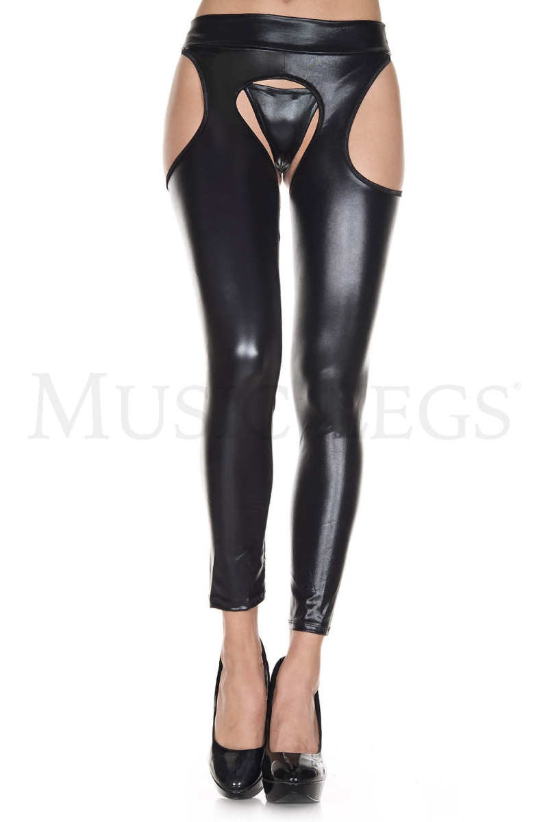 35117-BLACK Footless Wet Look Suspender Tights, Black