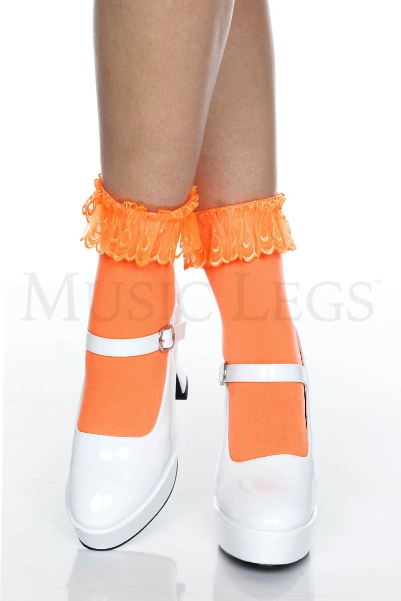 527-NEON ORANGE Opaque Anklet with Ruffled Lace, Neon Orange
