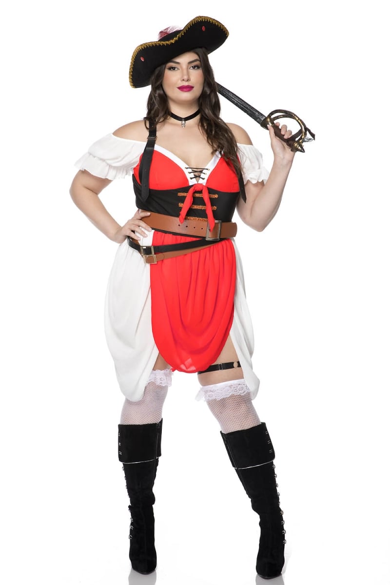 71160Q-1X-2X Adventurous Pirate Costume, Red & White - 1X & 2X - 7 Piece