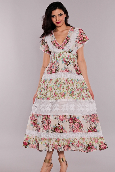 Picture of Sol # 3011 100% cotton Flower print mix and match with lace work Long Dress