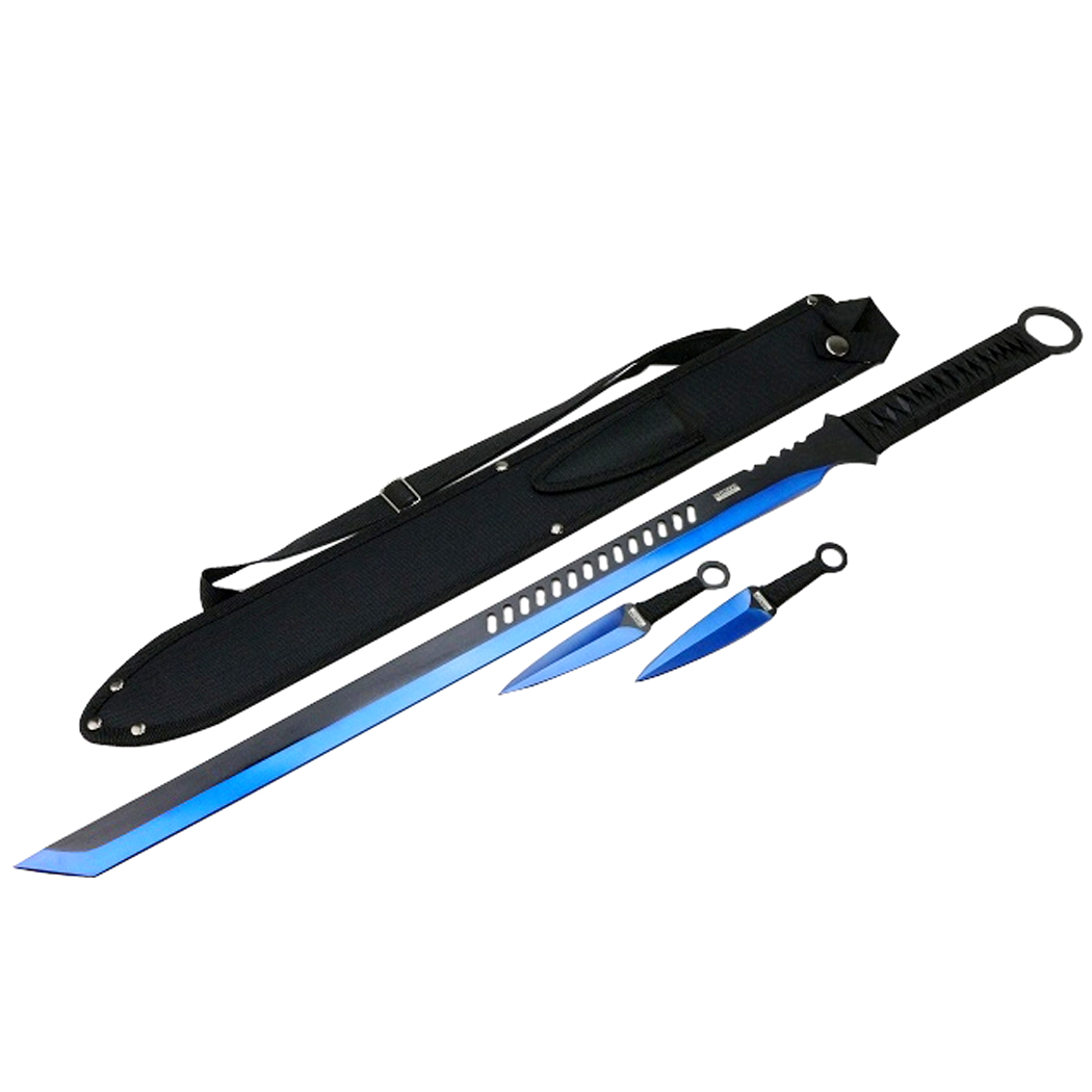 K1020-65-BL 27.5 in. 2 Tone Blade Sword with 2 Throwing Knives & Sheath, Blue