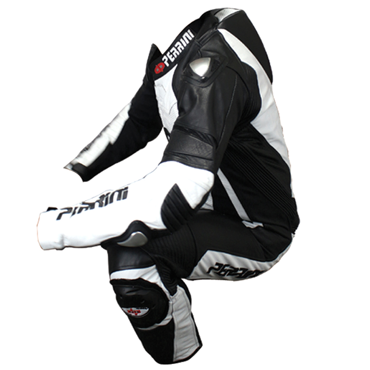 365W-46 Perrini Genuine Cow Leather Motorbike Riding Motorcycle Racing Suit, White & Black - Size 46
