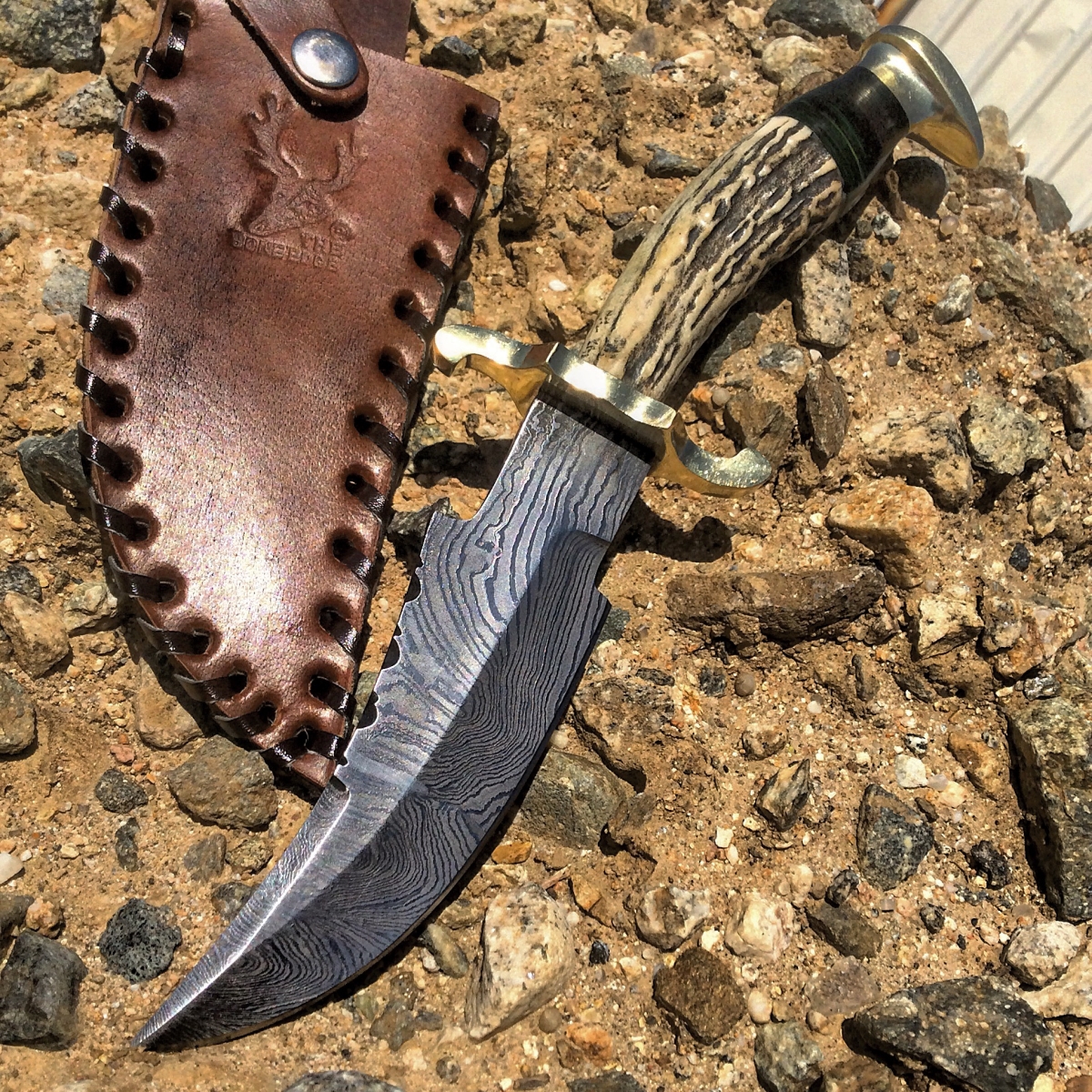 9787 8.5 in.The Bone Edge Damascus Blade Hunting Sharp Knife Burnt Wood Handle Leather Sheath