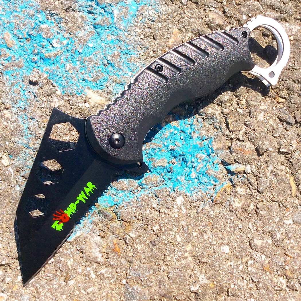 9386 7.5 in. Zomb War Spring Assisted Tanto Bladed Knife with Black Handle Design & Fore Finger Grip
