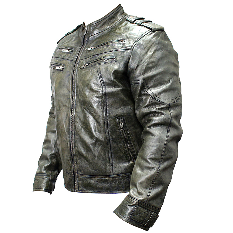Men's Genuine Sheep Skin Leather Jacket - Green - 3XL - Vintage Distressed Style