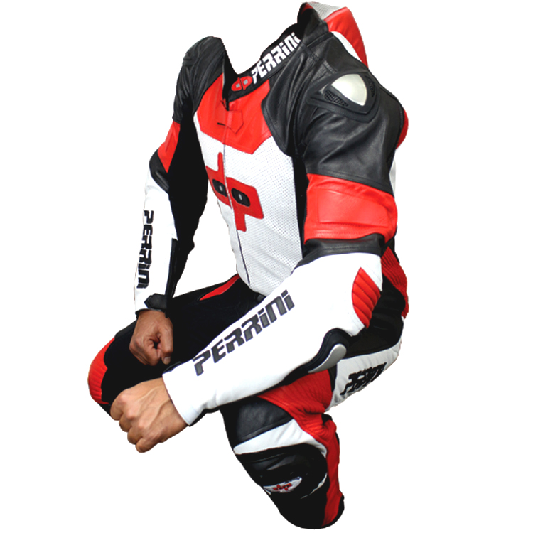 365R-46 Perrini Genuine Cow Hide Leather Motorbike Riding Motorcycle Racing Suit, Red White & Black , Size - 46