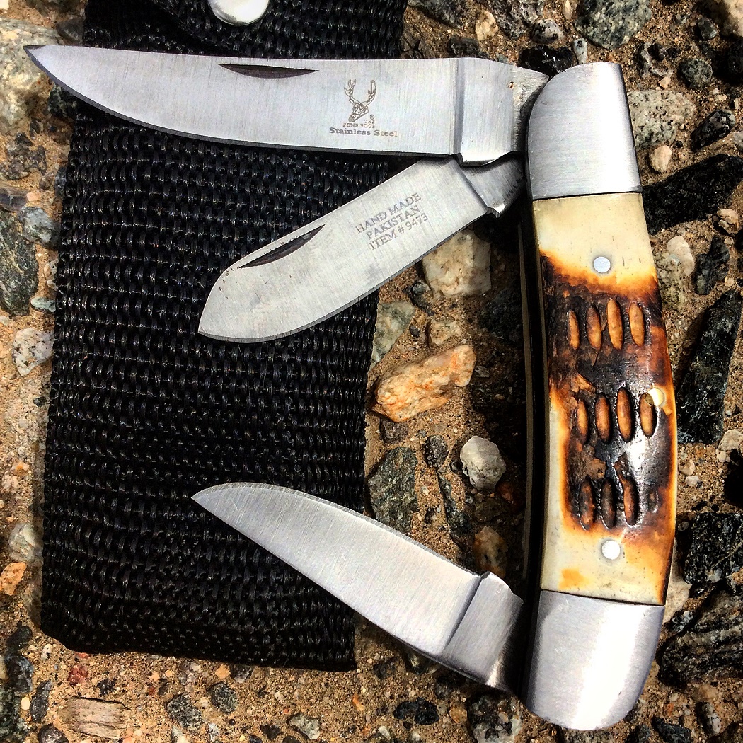 9473 8.5 in. The Bone Edge Practical Tri-Blade Pocket Knife