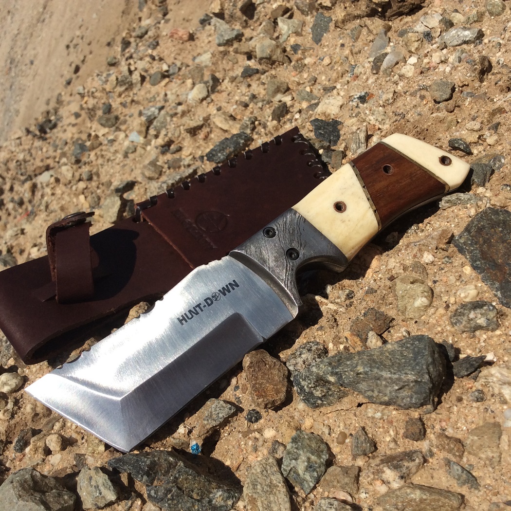 9351 9 in. Huntdown Full Tang Hunting Knife with Wood Handle & Leather Sheath