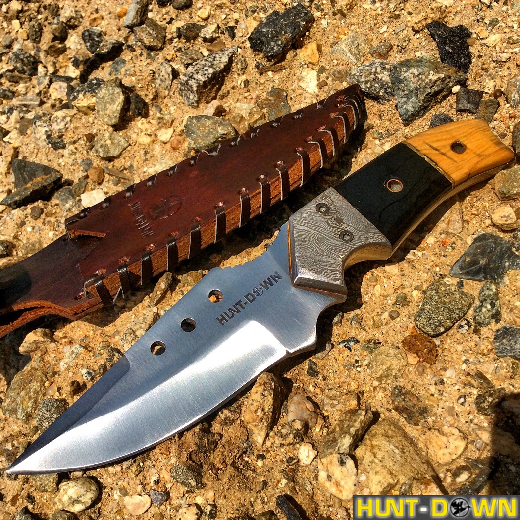 9360 9 in. Huntdown Full Tang Drop Pointed Hunting Knife with Decorative Handle & Leather Sheath