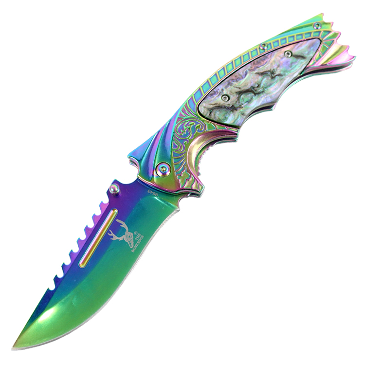 9643 8.5 in. TheBoneEdge Spring Assisted Sharp Knife with Ridged Top Edge Rainbow