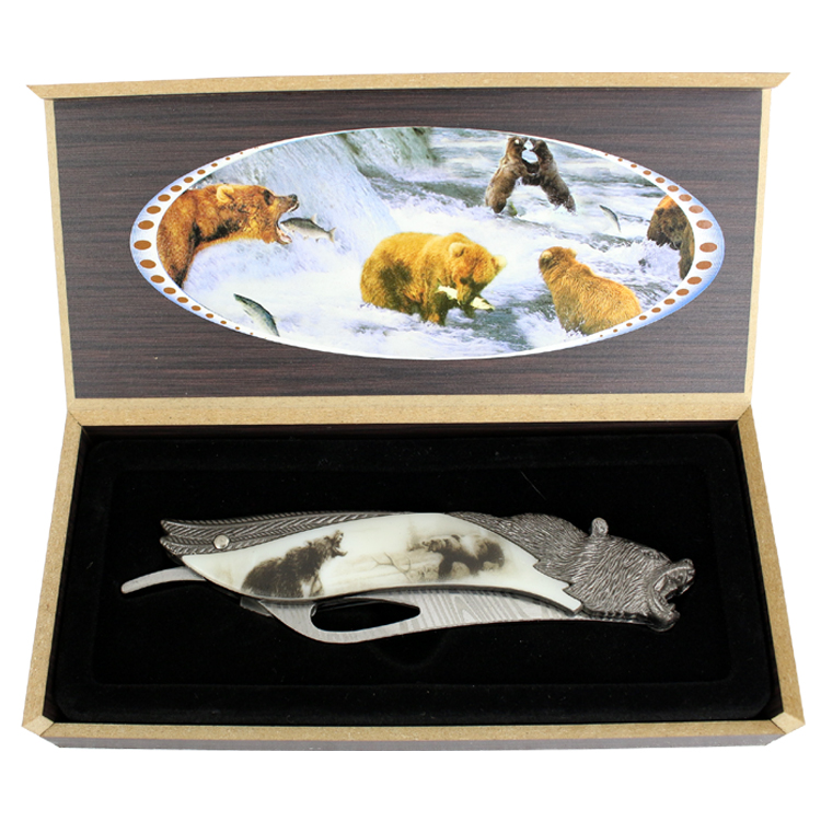 9674 8.5 in. TheBoneEdge Bear Pattern Handle Folding Knife with Gift Box