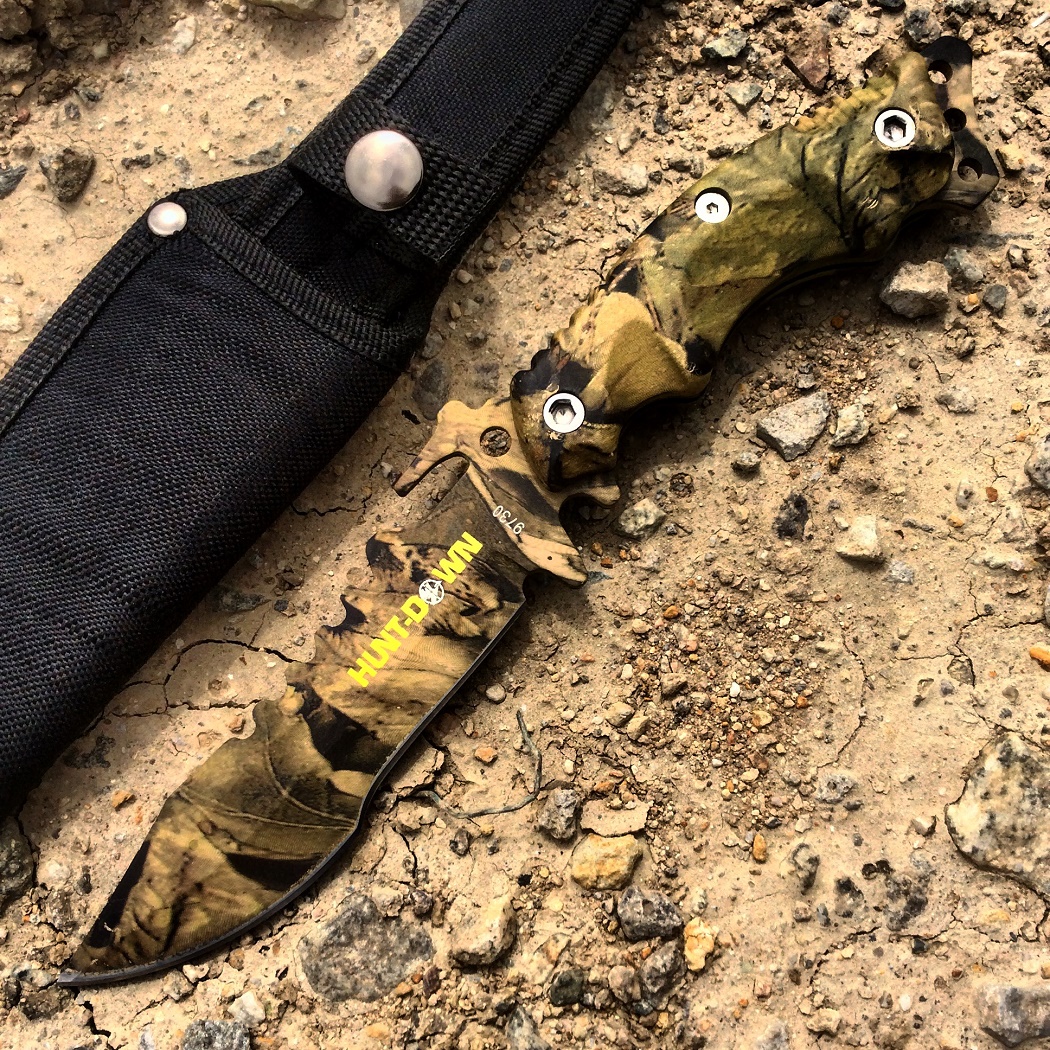 9730 10 in. Hunt-Down Stainless Steel Full Tang Survival Hunting Knife Camo Handle