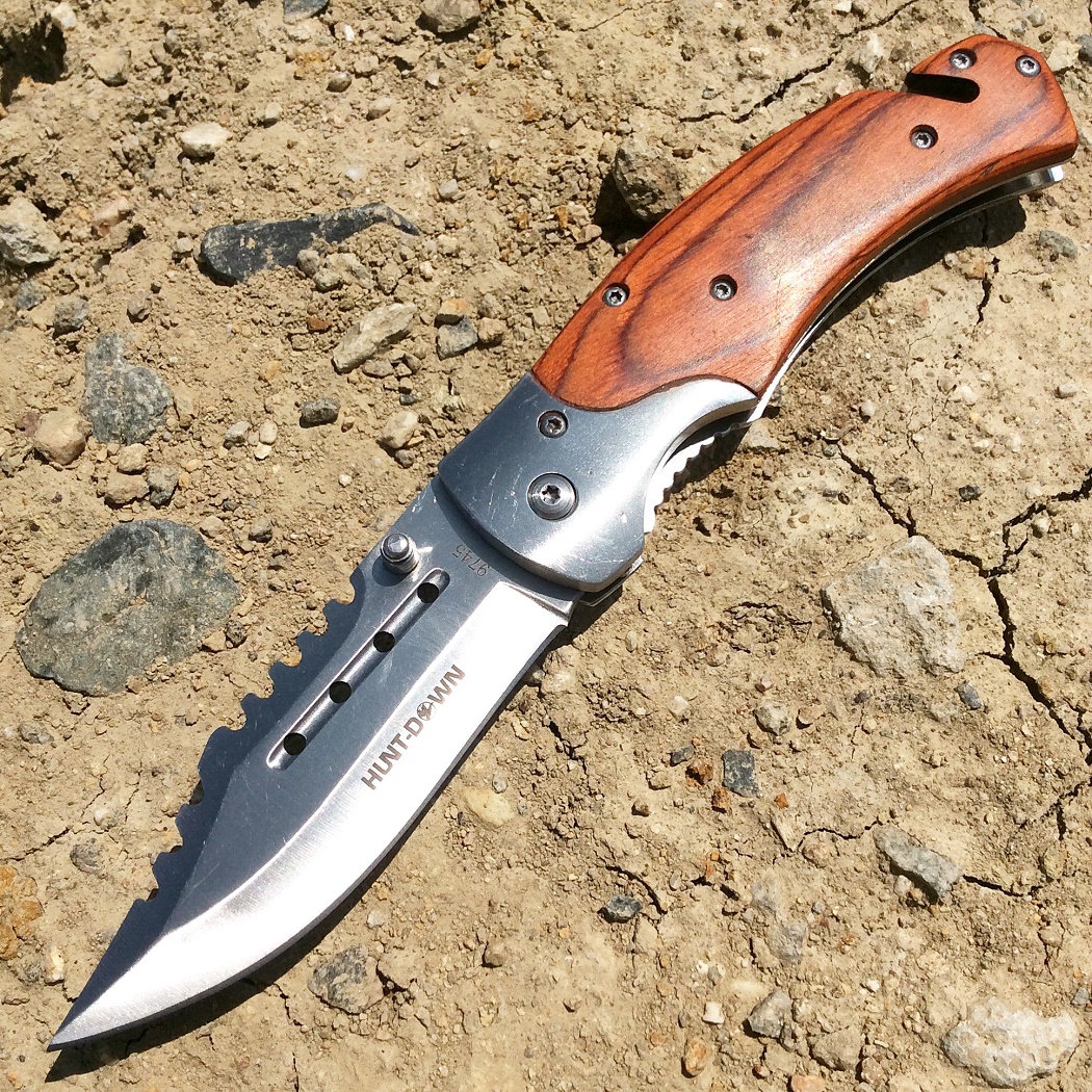 9745 8 in. Hunt-Down Spring Assisted Tactical Rescue Pocket Knife - Wood Handle