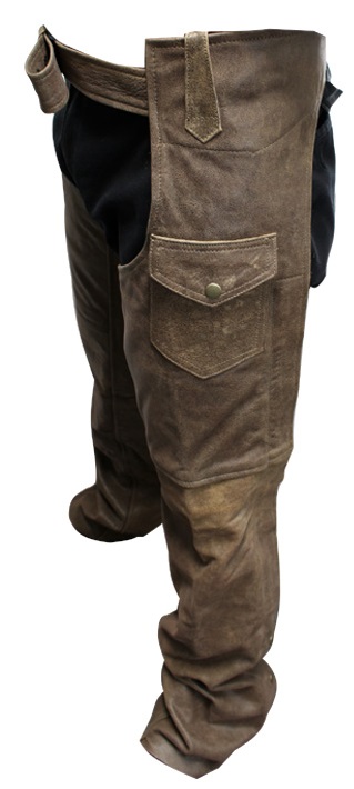 623-L Perrini Mens Fashion Motorbike Cowhide Motorcycle Genuine Leather Chap wintage, Brown - Large