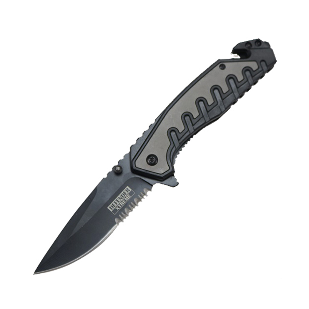9877 9 in. Defender-Xtreme Spring Assisted Folding Knife with Belt Clip, Grey & Black