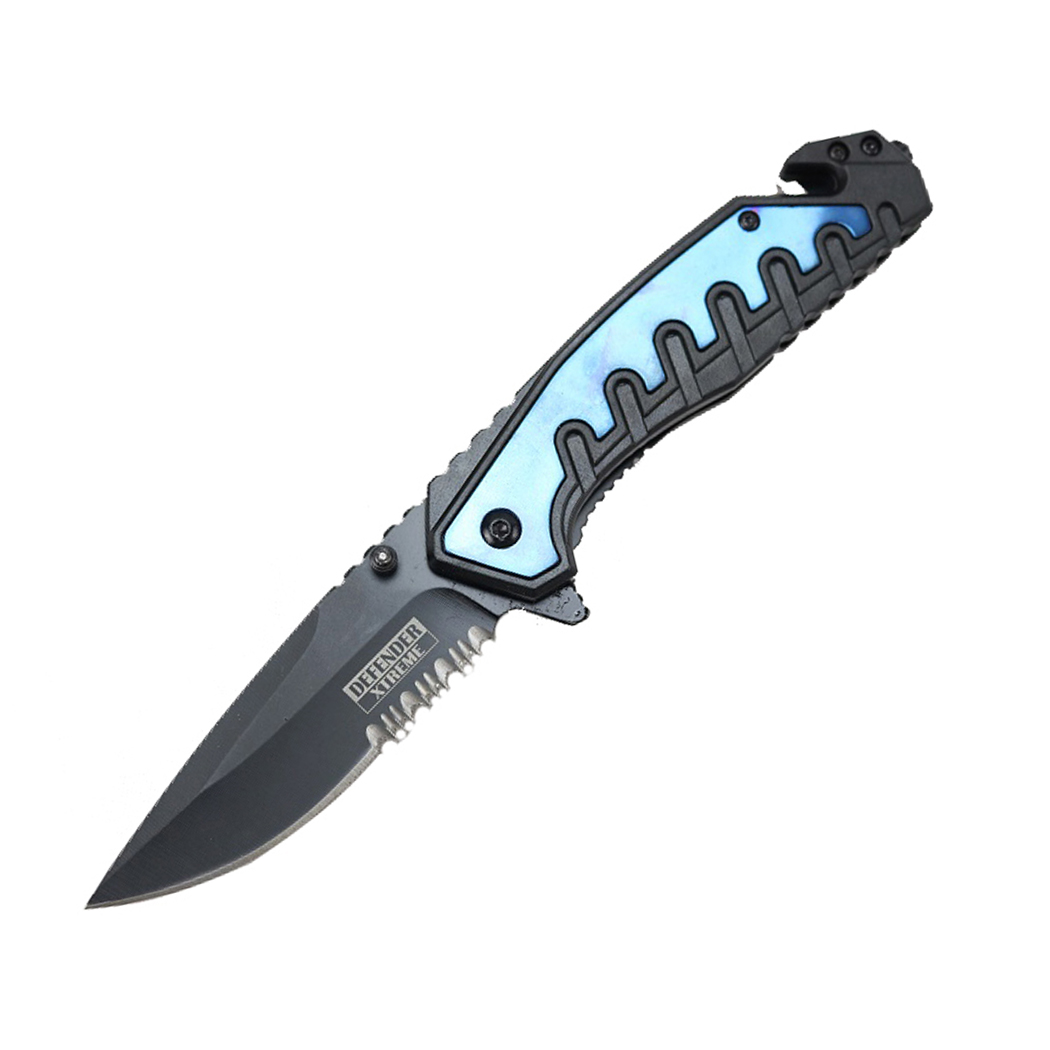 9878 9 in. Defender-Xtreme Spring Assisted Folding Knife with Belt Clip, Blue & Black