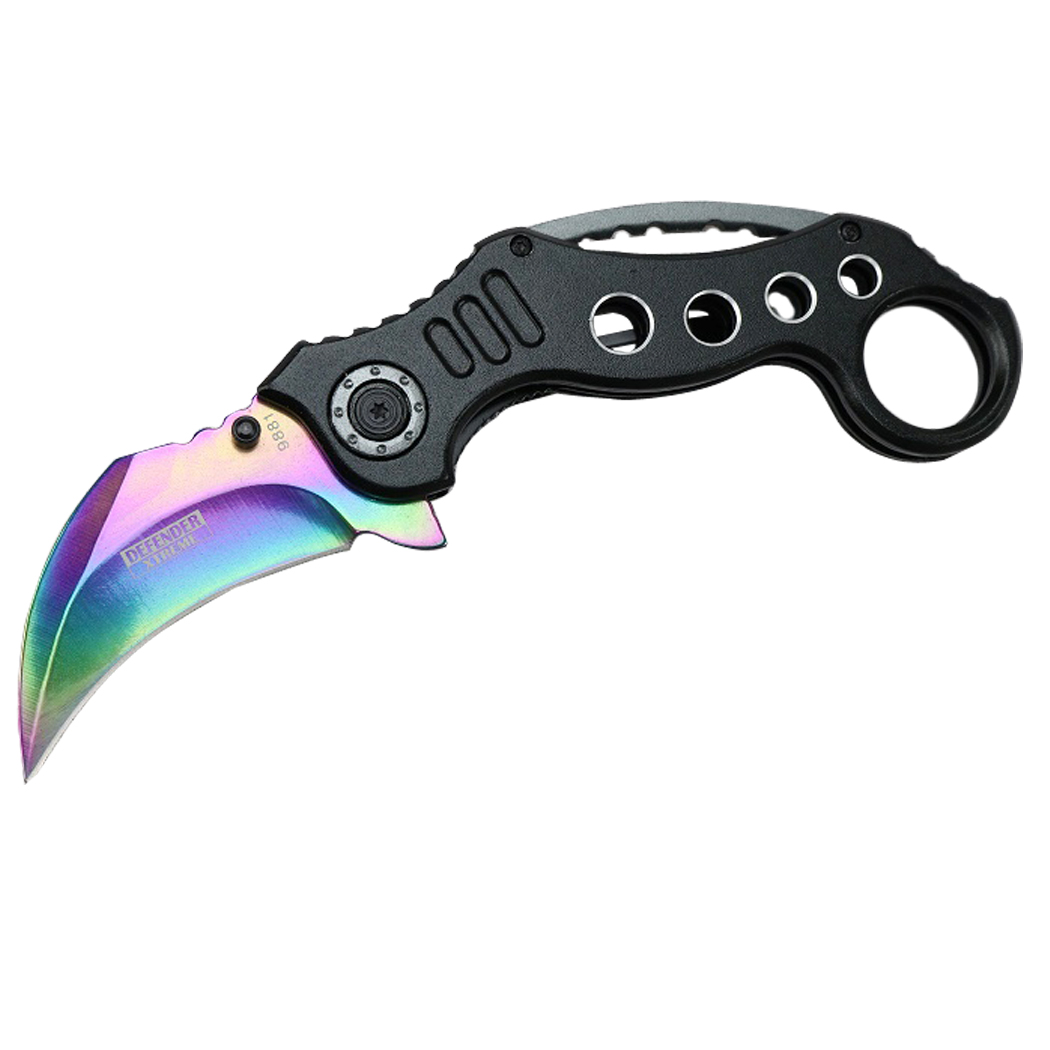 9881 7 in. Defender-Xtreme Spring Assisted Handle Skinner Knife Steel Blade New, Rainbow