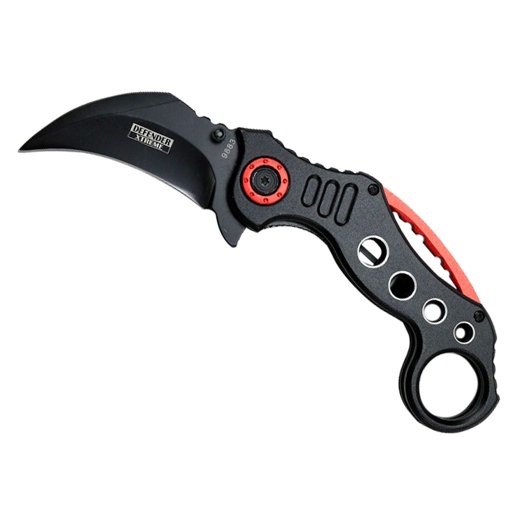 9883 7 in. Defender-Xtreme Spring Assisted Handle Skinner Knife Steel Blade, Red & Black
