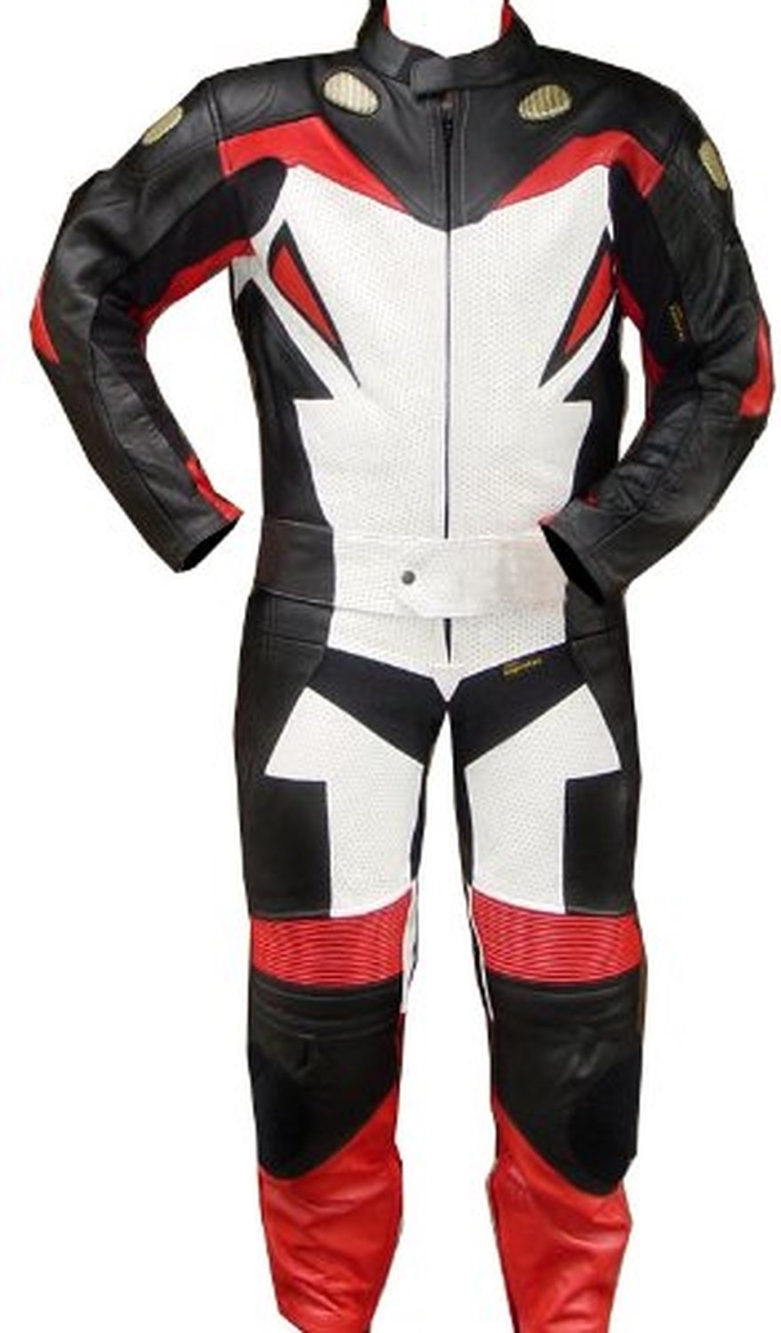 335R-M Medium Size Motorcycle Riding Racing Leather Track Suit with Padding New Red, White & Black - 2 Piece
