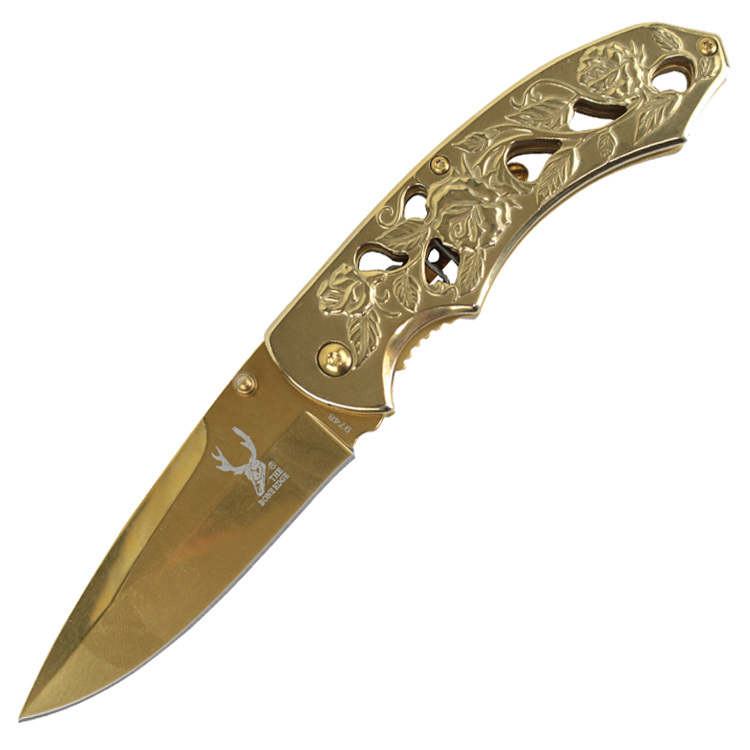 9748 8 in. TheBoneEdge Spring Assisted Tactical Sharp Knife with Strap Holder - Gold