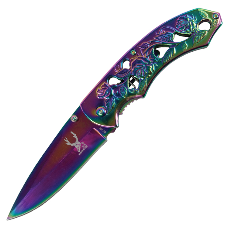 9749 8 in. TheBoneEdge Spring Assisted Tactical Sharp Knife with Strap Holder Rainbow