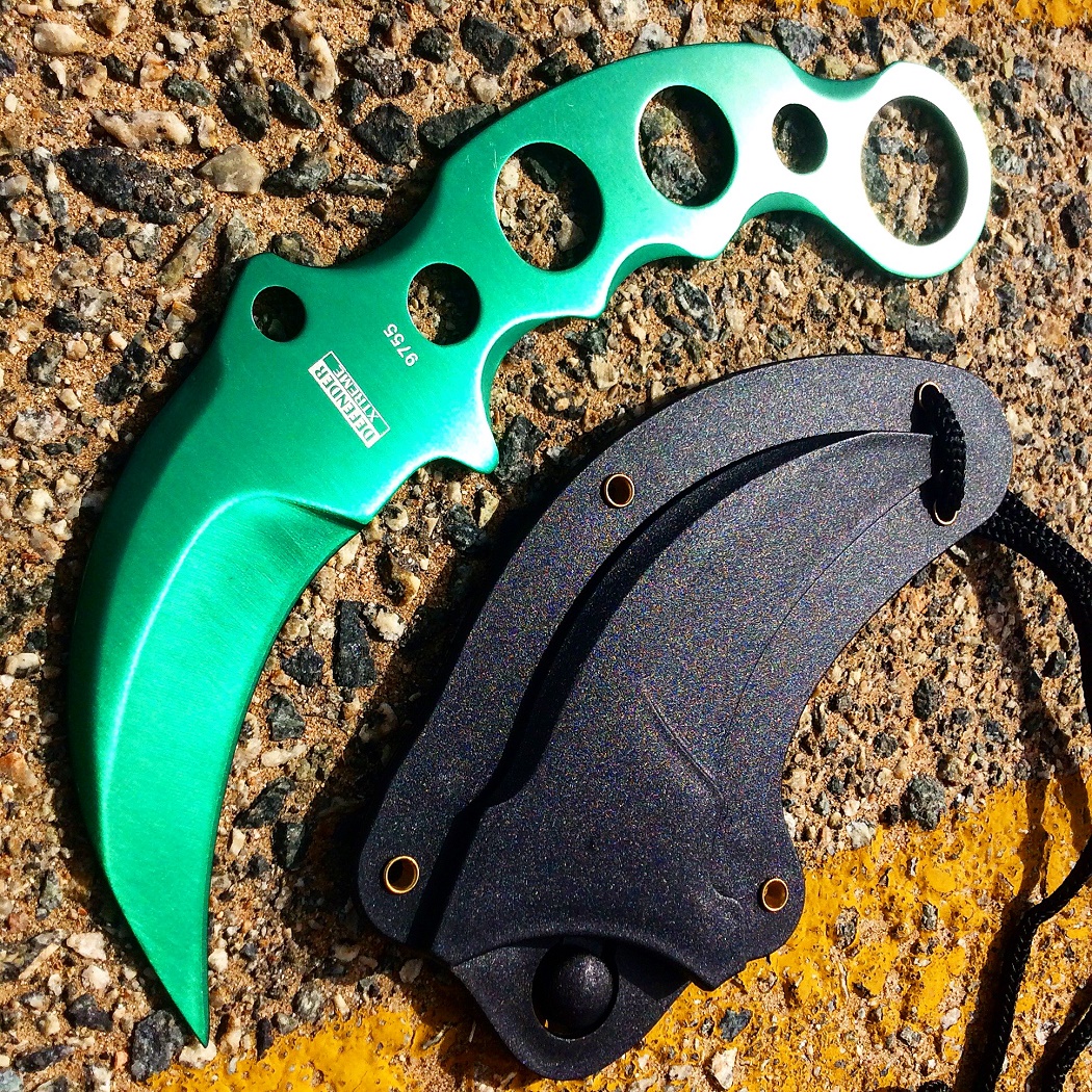 9755 7.5 in. Defender-Xtreme Tactical Combat Karambit Knife Full Tang with Sheath - Green