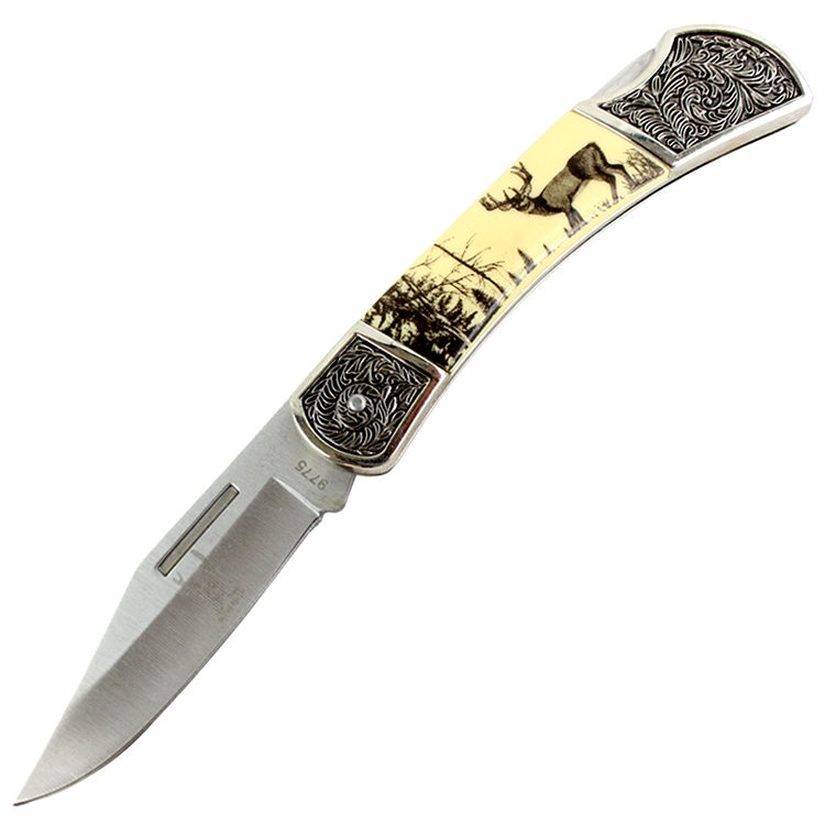 9775 7.5 in. High Quality TheBoneEdge Folding Knife Deer & Wilderness Design Handle