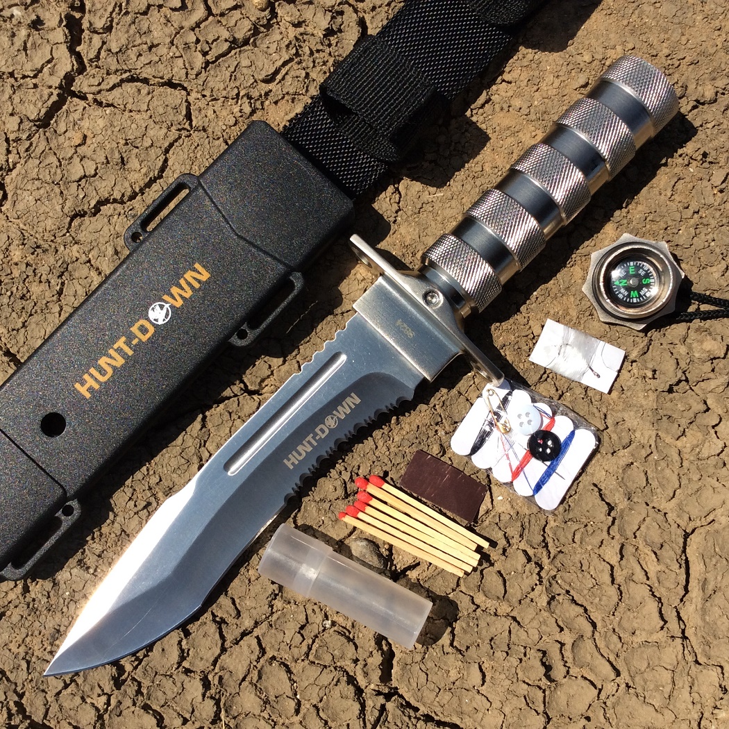 9824 12 in. Hunt-Down All Fixed Blade Survival Knife Survival Kit & Compass, Chrome