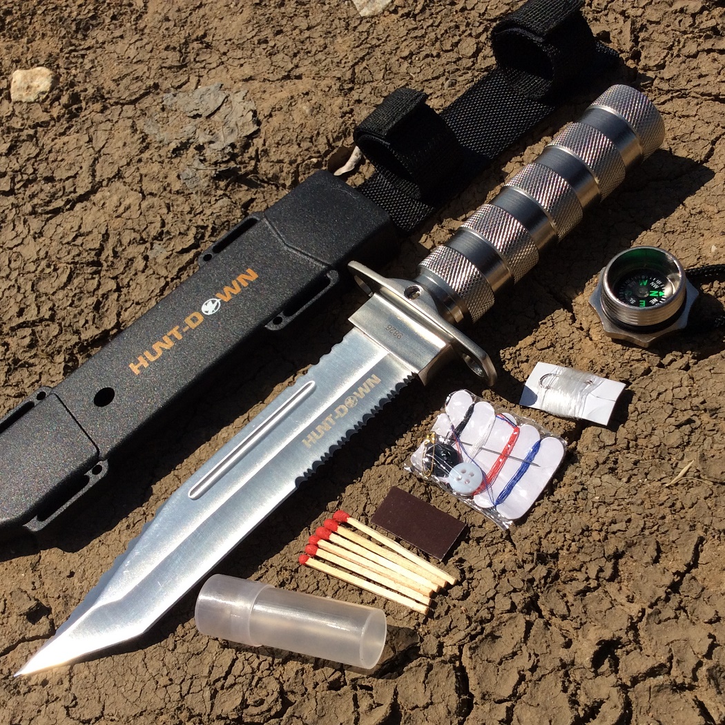 9826 12 in. Hunt-Down Fixed Blade Survival Knife Survival Kit & Compass, Chrome