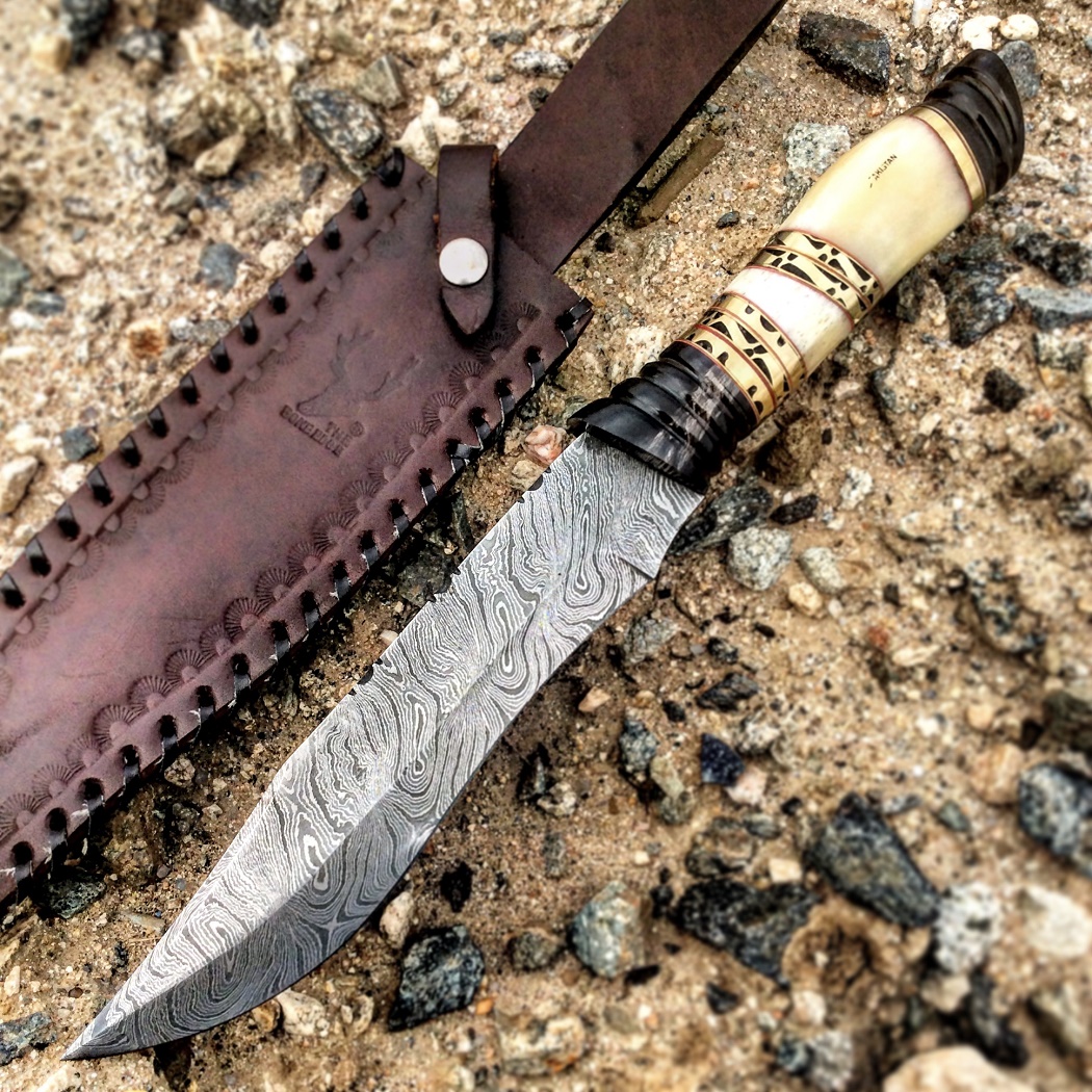 9794 13 in. TheBoneEdge Damascus Steel Fixed Blade Bone & Horn Handle Hunting Knife