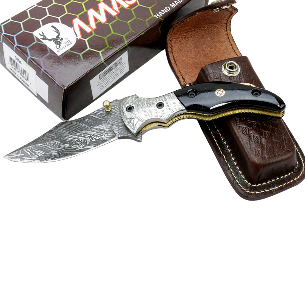 9995 7.5 in. TheBoneEdge Damascus Blade Folding Knife Horn Handle Handmade with Sheath