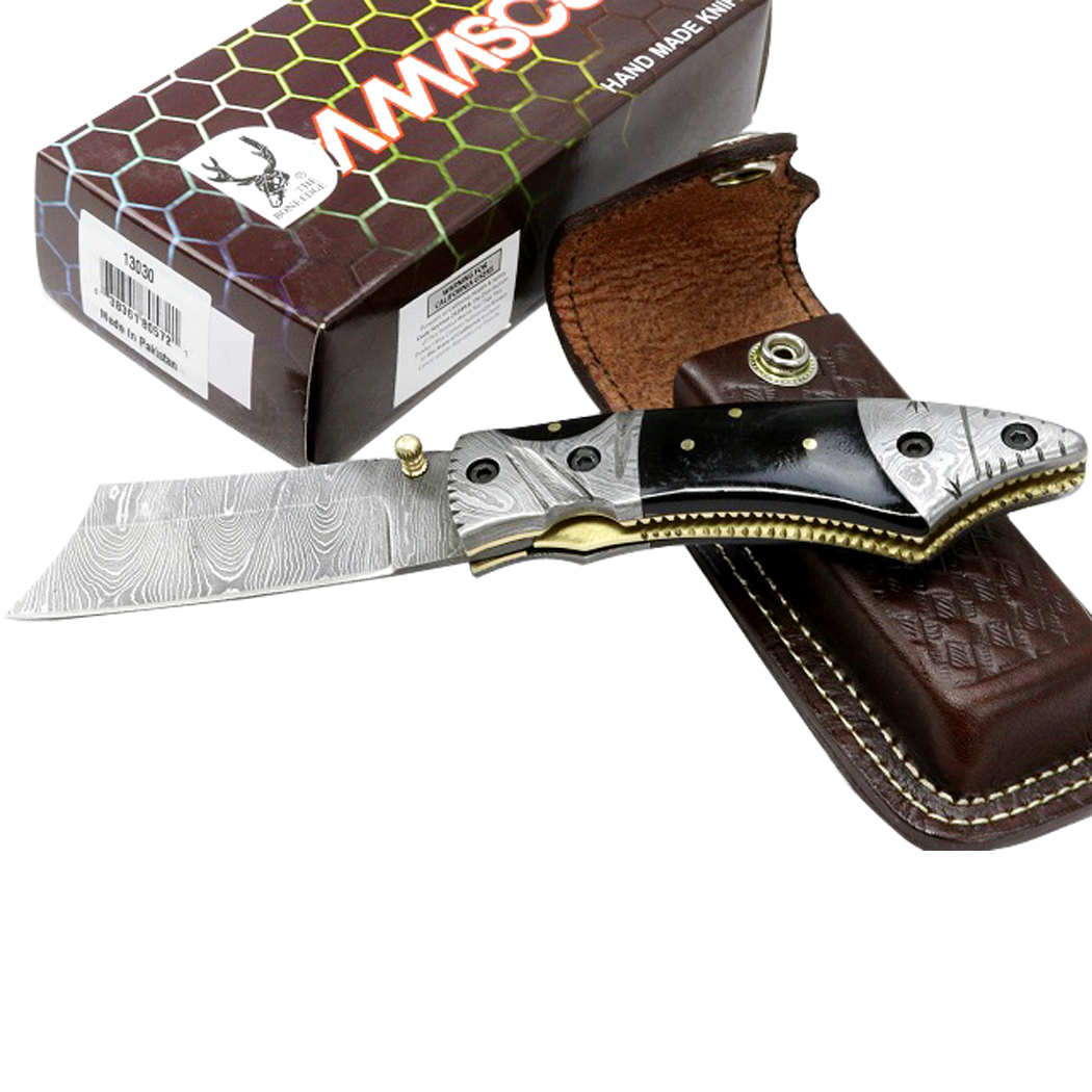 13030 7.5 in. TheBoneEdge Damascus Blade Folding Knife Horn Handle Handmade with Sheath