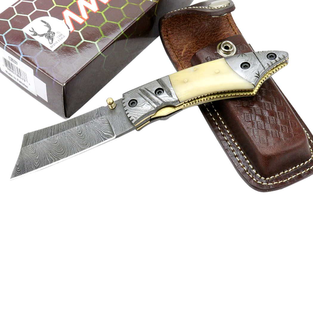 13031 7.5 in. TheBoneEdge Damascus Blade Folding Knife Horn Handle Handmade with Sheath