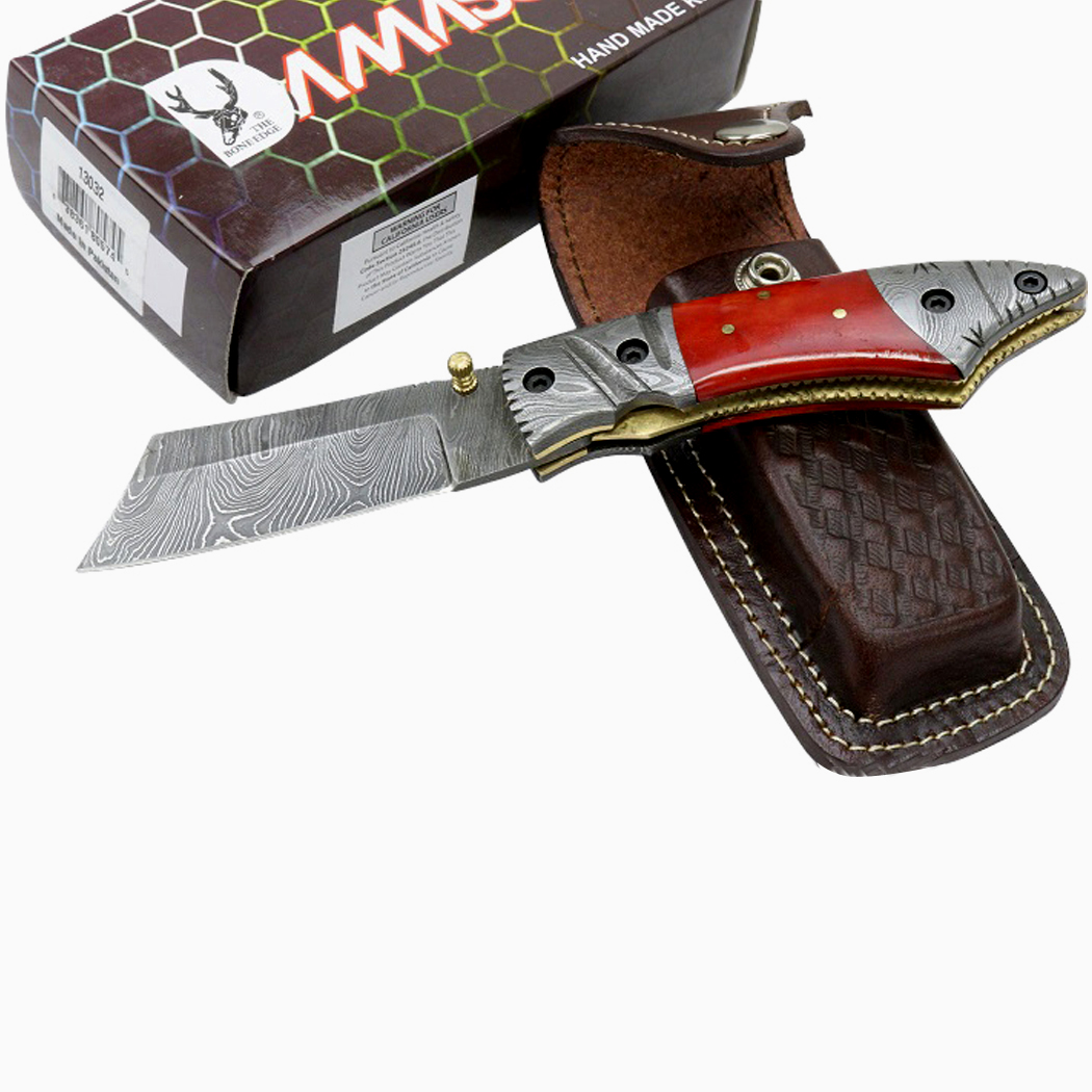 13032 7.5 in. TheBoneEdge Damascus Blade Folding Knife Brown Horn Handle Handmade Sheath