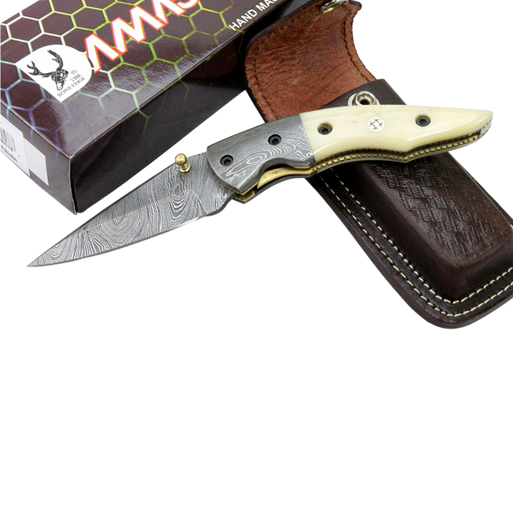 13036 7 in. TheBoneEdge Damascus Blade Folding Knives Horn Handle Handmade with Sheath