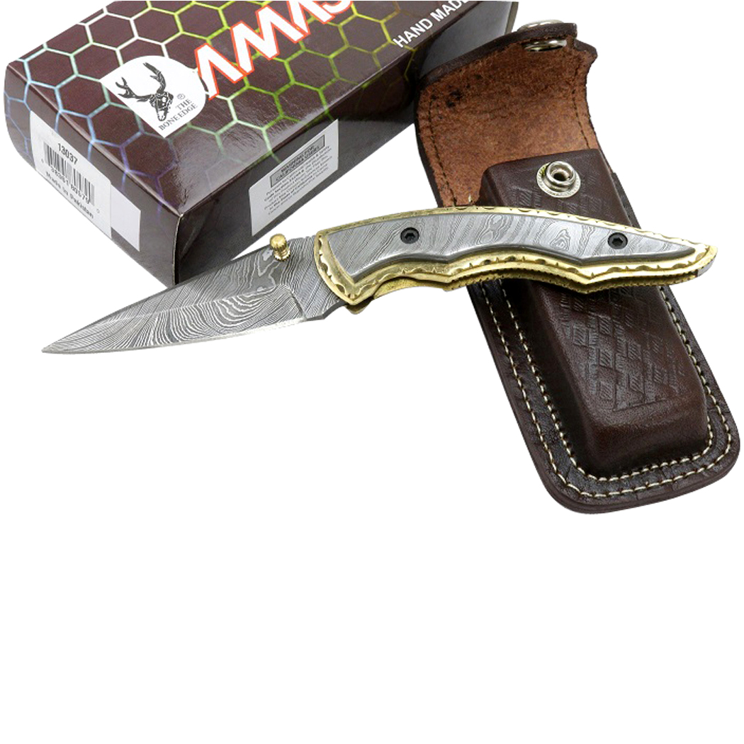 13037 7.5 in. TheBoneEdge Damascus Blade and Handle Folding Knives Handmade with Sheath