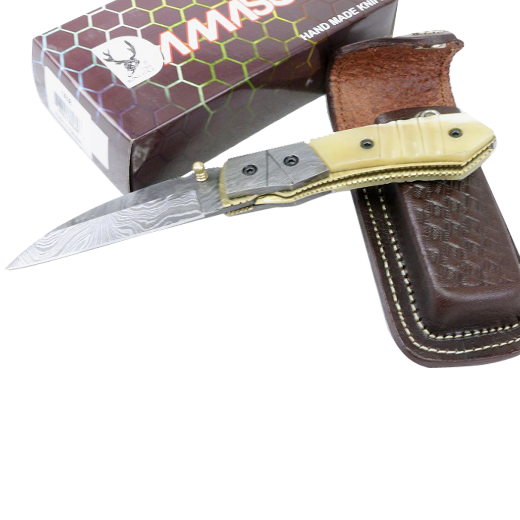 13038 7.5 in. TheBoneEdge Damascus Blade and Handle Folding Knives Handmade with Sheath
